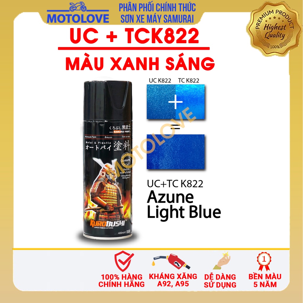 Combo sơn samurai màu xanh sáng UC + TCK822  loại 2K chuẩn quy trình độ bền 5 năm gồm 2K04 - UCK822 - TCK822-2k01