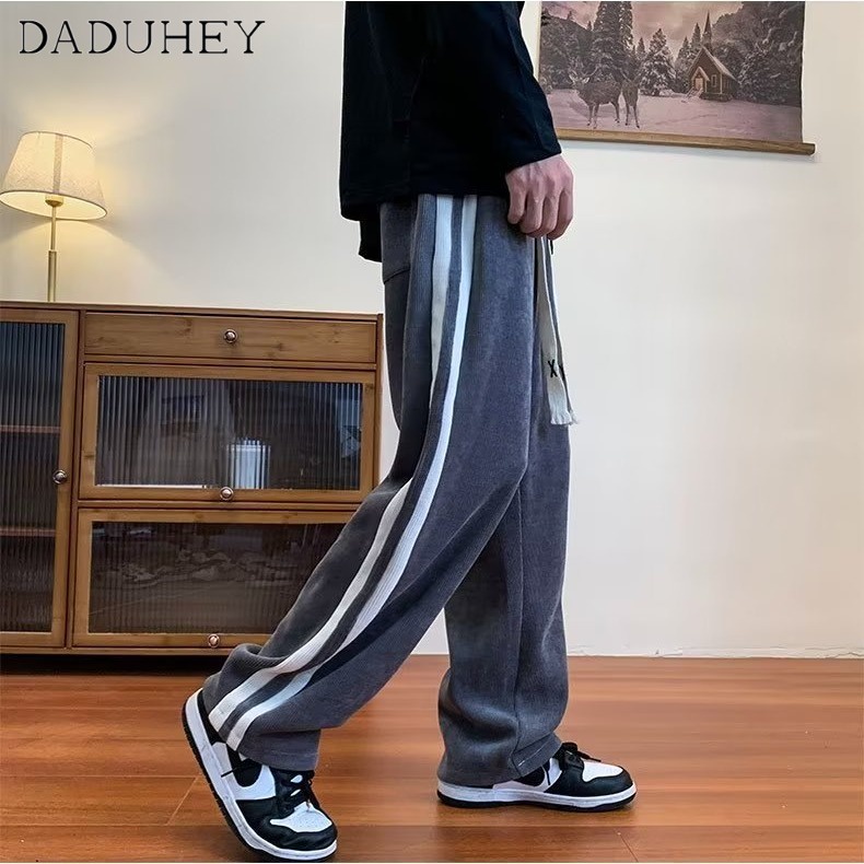 DaDuHey Men's Autumn Fashion Brand Loose Striped Casual Pants Ins Corduroy Straight Wide Leg Sports Pants