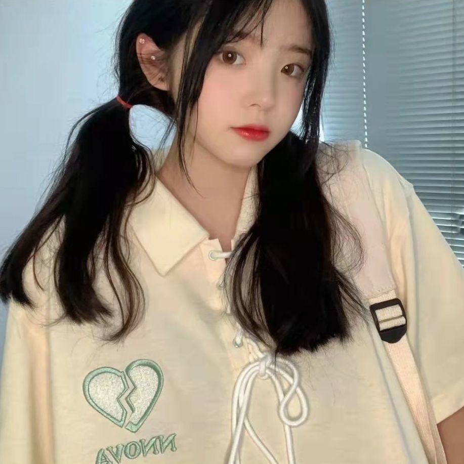 Áo Thun Polo Tay Ngắn Dáng Rộng Có Dây Rút In Hình Trái Tim Vỡ Phong Cách Preppy Ngọt Ngào Dễ Phối Đồ Cho Nam Và Nữ
