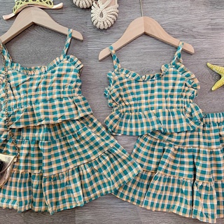 Set áo 2 dây kèm chân váy xòe kẻ caro bé gái hàng qc