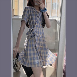 [ORDER TAOBAO/TMALL 088 ] Váy caro cổ vest thắt nơ eo ngang