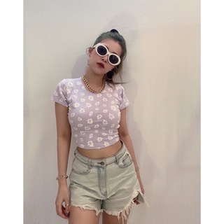 Áo croptop hở lưng vải tím hoa cúc nhí vnxk