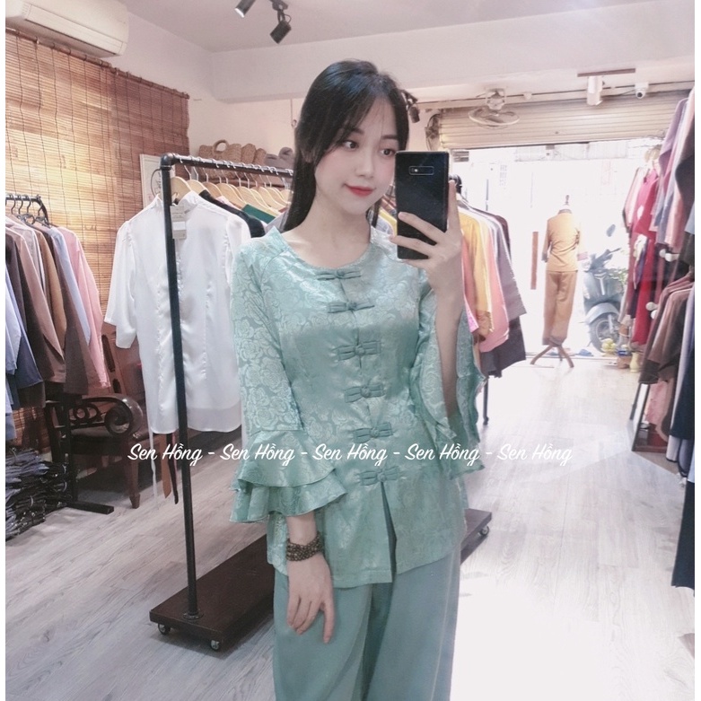 Bộ Đồ Bà Ba tay loe vải lụa tằm vân hoa hồng - đi chơi đi lễ sang chảnh màu xanh ngọc