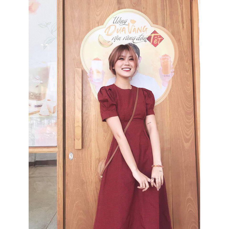 Đầm Nữ Đỏ Caro Tay Xếp Li (KÈM ẢNH THẬT)