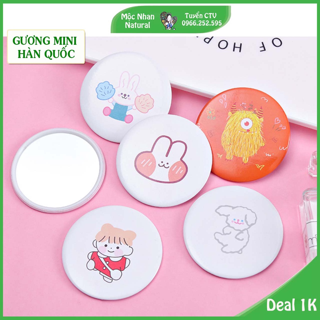 Gương trang điểm mini 1K siêu cute, cầm tay bỏ túi Hàn Quốc tiện lợi viền kim loại