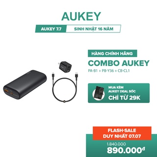 Combo Sạc Nhanh 20W iPhone AUKEY | Cốc Sạc 20W PA-B1, Cáp C-Lighnting 20W CB-CL1, Pin 10000mAh PD + QC3 PB-Y36