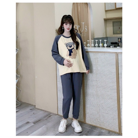 BỘ BẦU HÌNH GẤU CUTE BO GẤU CÓ CHỈNH CHUN BỤNG - BỘ QUẦN ÁO BẦU THU ĐÔNG TRƯỚC VÀ SAU SINH NỈ DA CÁ
