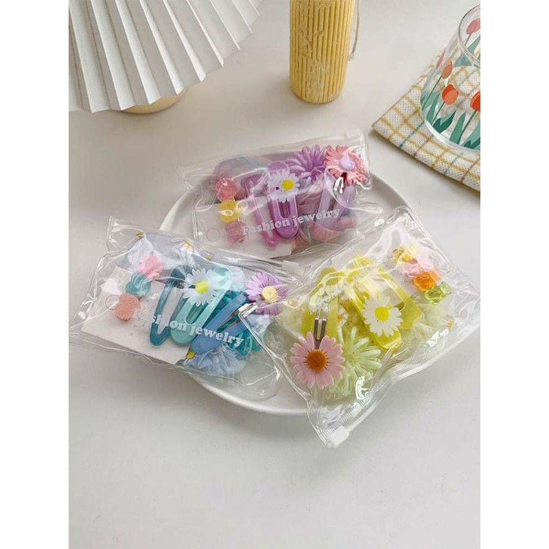 Sale !!! SÉT 6 KẸP TÓC KÈM DÂY BUỘC HOA CÚC XINH XẮN CHO BÉ_Super Sale (1356 )