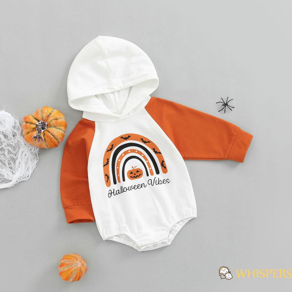 Bộ Áo Liền Quần Tay Dài Có Nón In Hình Bí Ngô Và Cầu Vồng Halloween Dành Cho Bé Trai Gái 0-3 Tuổi