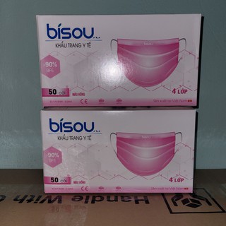 02 hộp khẩu trang y tế 04 lớp kháng khuẩn Bisou màu hồng