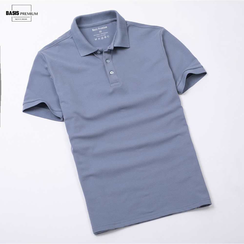 Áo polo trơn màu xanh da trời denim, chất liệu cotton gai cao cấp, BASIS 22_XANHDENIM | BigBuy360 - bigbuy360.vn