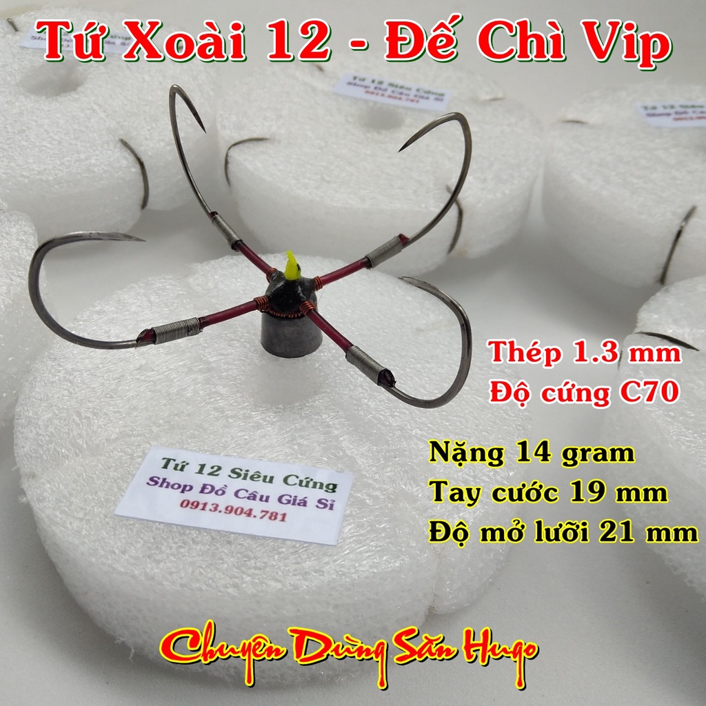 Lưỡi Câu Tứ 12 Đế Chì Vip. Thép Lò Xo C70 Xịn Xò Siêu Cứng