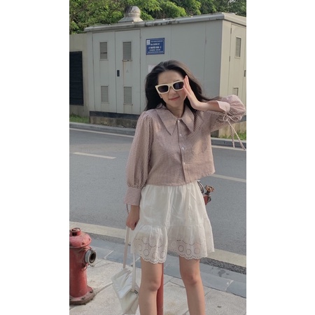 Áo sơ mi kiểu vai bồng tay có dây nơ dáng lỡ kẻ caro TKA318 LOLLIE STUDIO | BigBuy360 - bigbuy360.vn