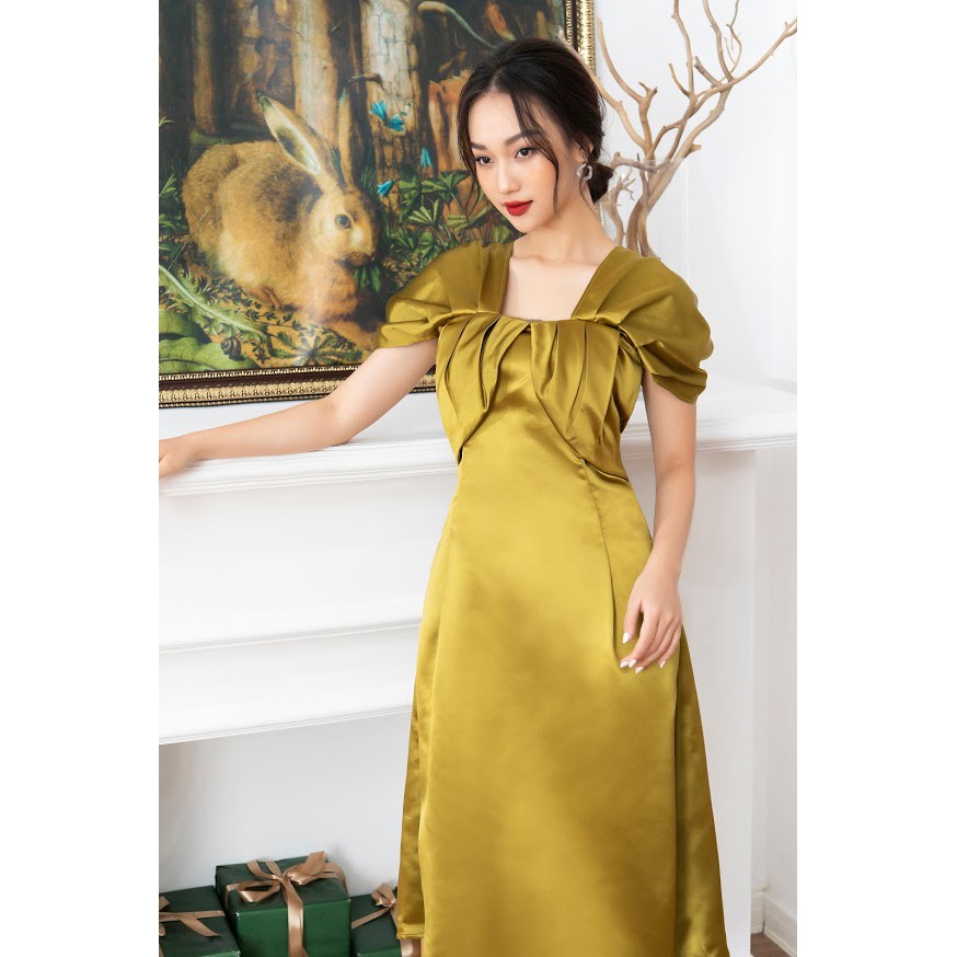 Đầm dài dự tiệc MIARA thiết kế vai xếp ly quyến rũ, màu vàng đồng sang trọng, đẹp lạ mắt DT65