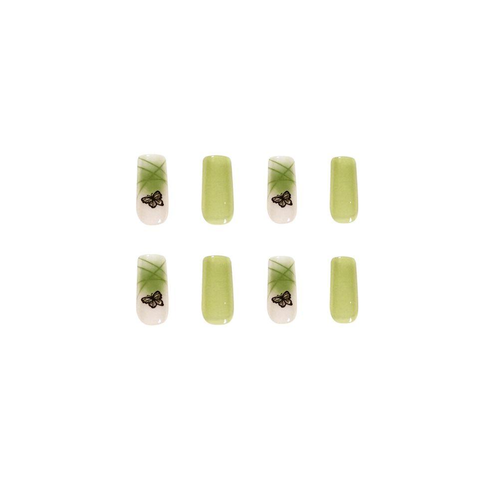 KAREN 24pcs/Box Matcha Butterfly Square Head False Nails Detachable Nail Tips Wearable Artificial Manicure Tool Full Cover Press On Nails Fake Nails