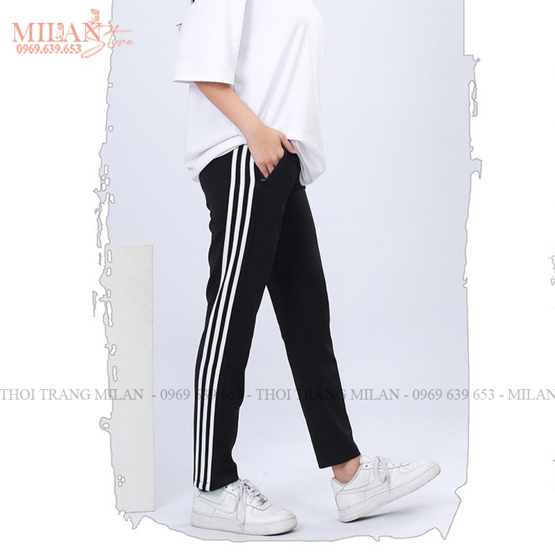 Quần thể thao 3 sọc ống đứng baggy ôm body viền kẻ trắng cạp chun co giãn có dây rút vải Umi dày màu đen mặc đi học gym