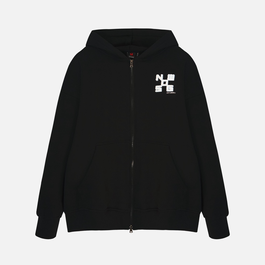 Áo khoác nỉ NEEDS OF WISDOM Chenille Embroidered Zip Hoodie - Black - Local Brand Chính Hãng