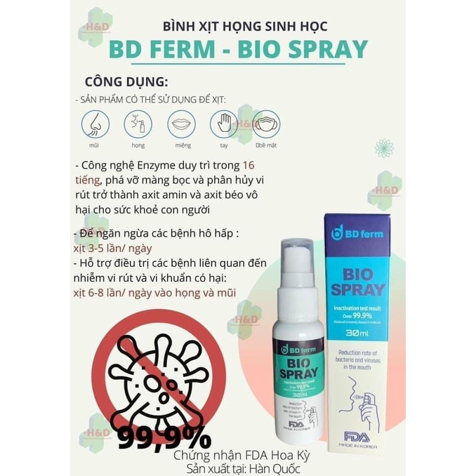 Xịt Họng Sinh Học Bdferm Bio Spray 30ml Chính Hãng