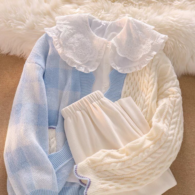 Set Áo Len Cardigan Mix Sơ Mi Chân Váy Phong Cách Hàn Quốc Kiểu Dáng Mới Hàng Quảng Châu