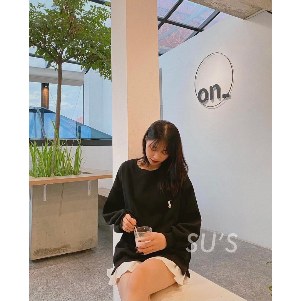 Áo nỉ bông sweater form rộng tay dài nam nữ cổ tròn mặc đôi hàn quốc 3 màu đen tàn nâu logo thêu Unisex Ulzzang