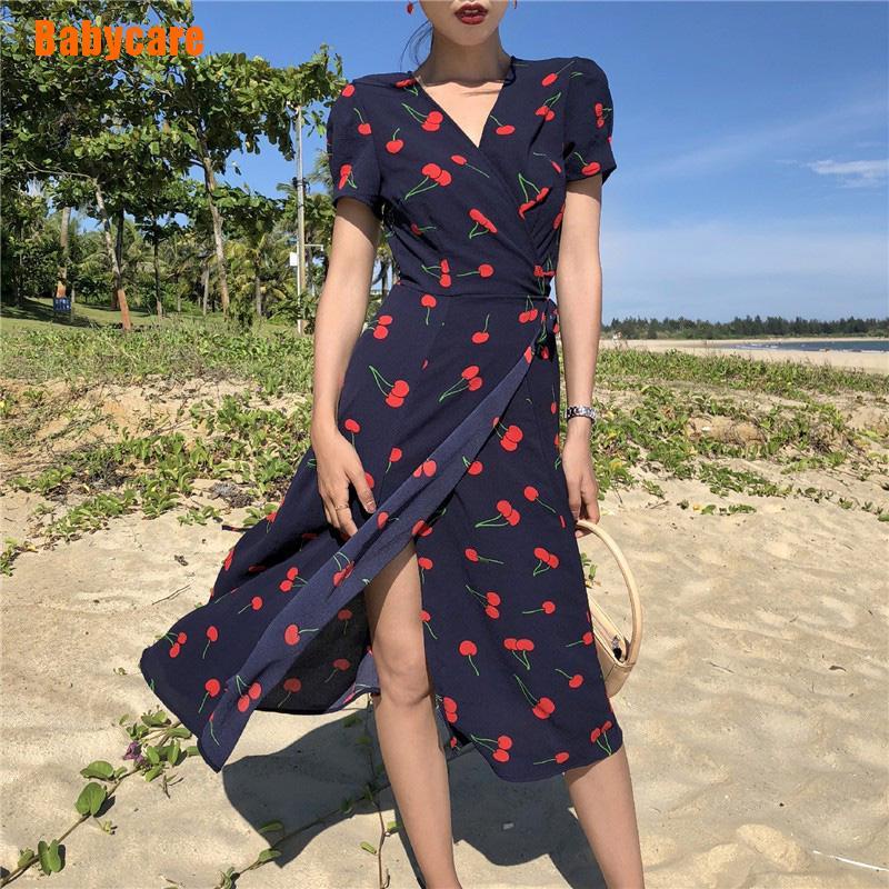 Đầm Maxi Ôm Dáng Tay Ngắn In Họa Tiết Cherry Thời Trang Hàn Quốc Cho Nữ