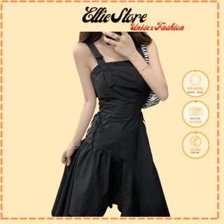 Váy Đen 2 Dây Vạt Ô Zuê Lệch Tà Chất Liệu Đũi, Ellie Store_Mã 323