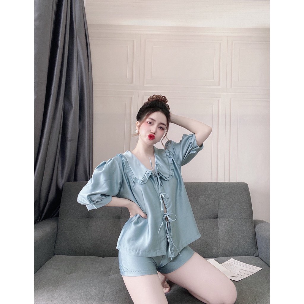 Đồ ngủ mặc nhà tay ngắn Hoàng Tình Store lụa satin cao cấp mềm mịn thoáng mát cột dây nơ xinh xắn Freesize