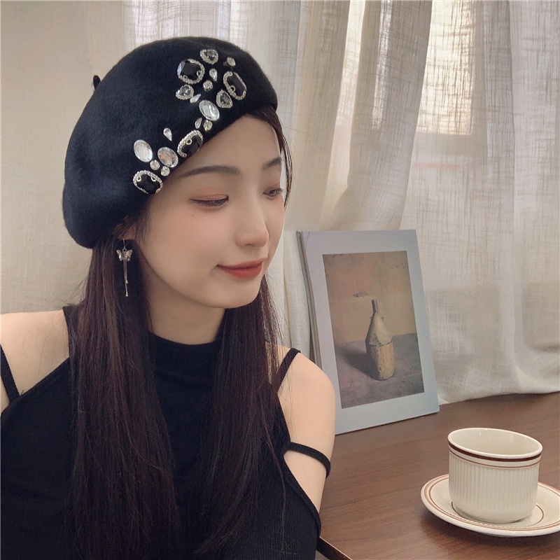 Mũ Beret Len Đính Đá Thời Trang Thu Đông Phong Cách Vintage Mới 2022
