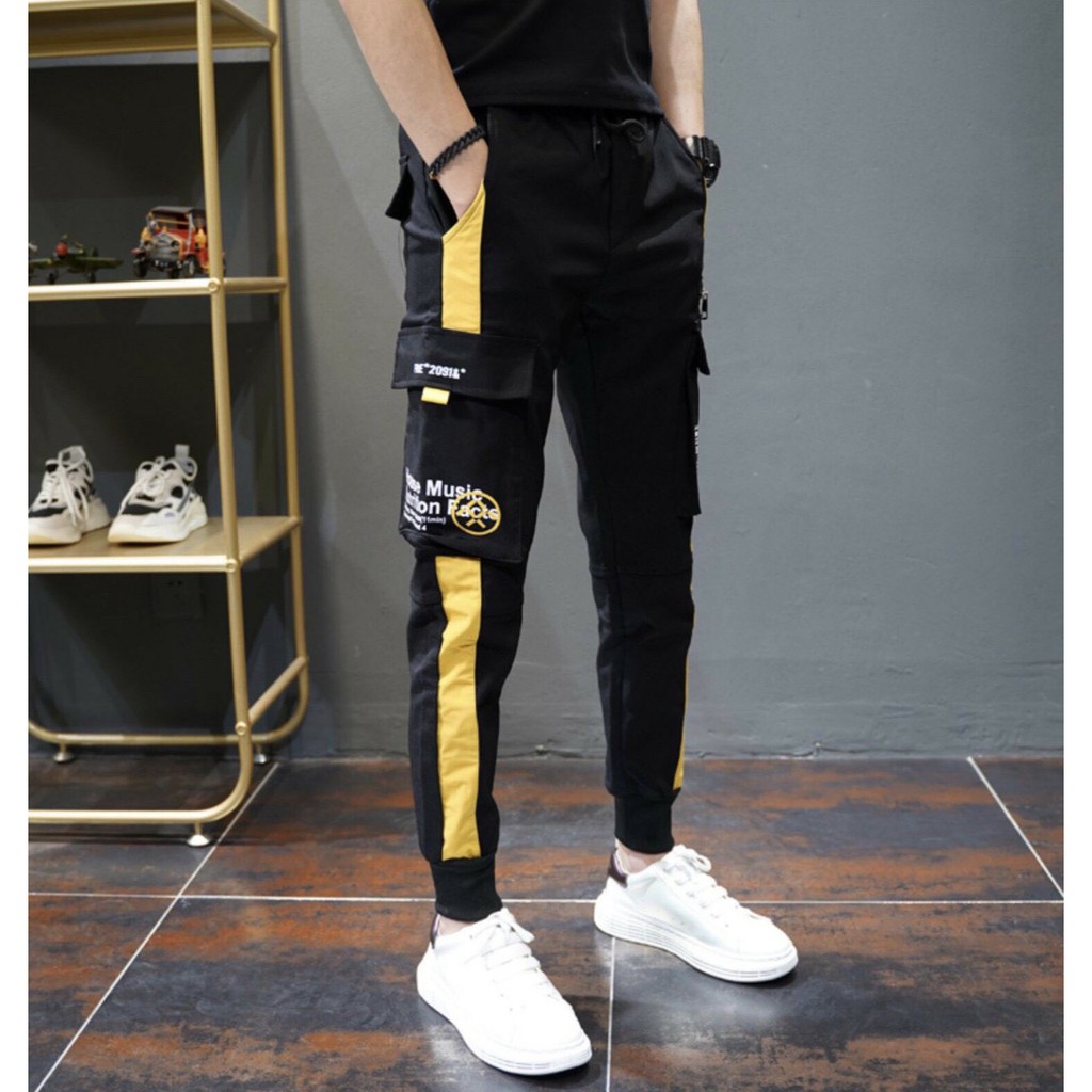 Quần Jogger kaki túi hộp phối line, in chữ có khóa zip unisex nam nữ JKTH20