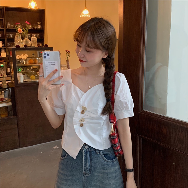 Áo Sơ Mi Nữ Cổ Chữ V Tay Phồng Ngắn Dáng Rộng Phong Cách Hàn Quốc