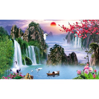 Tranh gắn đá toàn bộ - Tranh sơn thủy hữu tình - Treo  trang trí phòng khách,cửa hàng,văn phòng