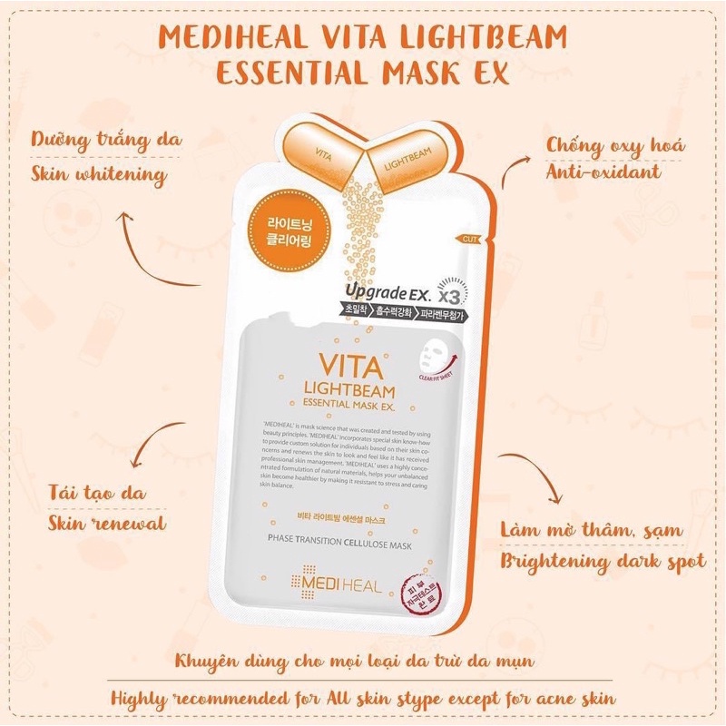 Mặt Nạ Dưỡng Trắng, Mờ Vết Thâm Mediheal Vita Lightbeam Essential Mask Ex 25ml - VITA