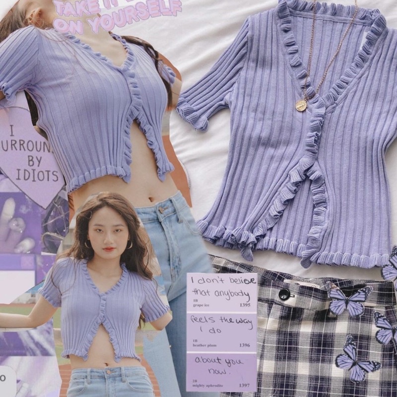 Áo croptop màu tím jennie nữ tay ngắn thun len