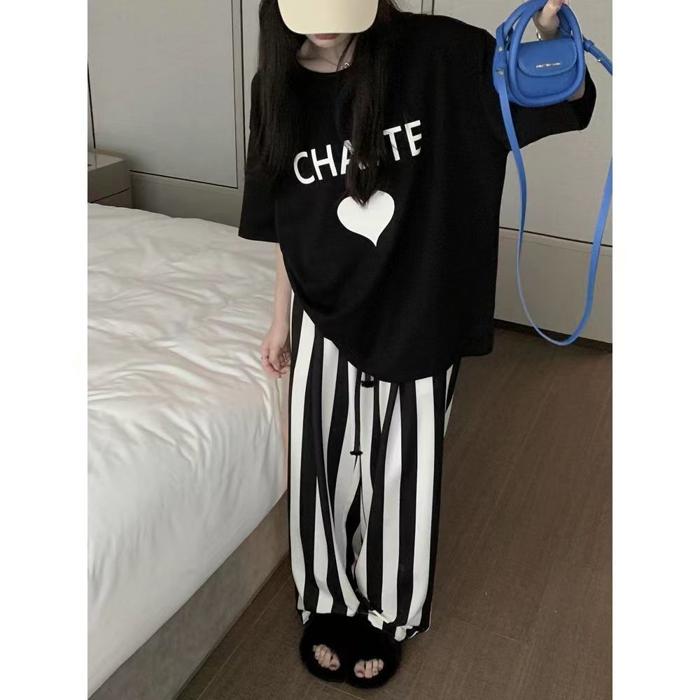 COZOK Set Áo Thun Tay Ngắn Hình Trái Tim + Quần Dài Ống Rộng Kẻ Sọc