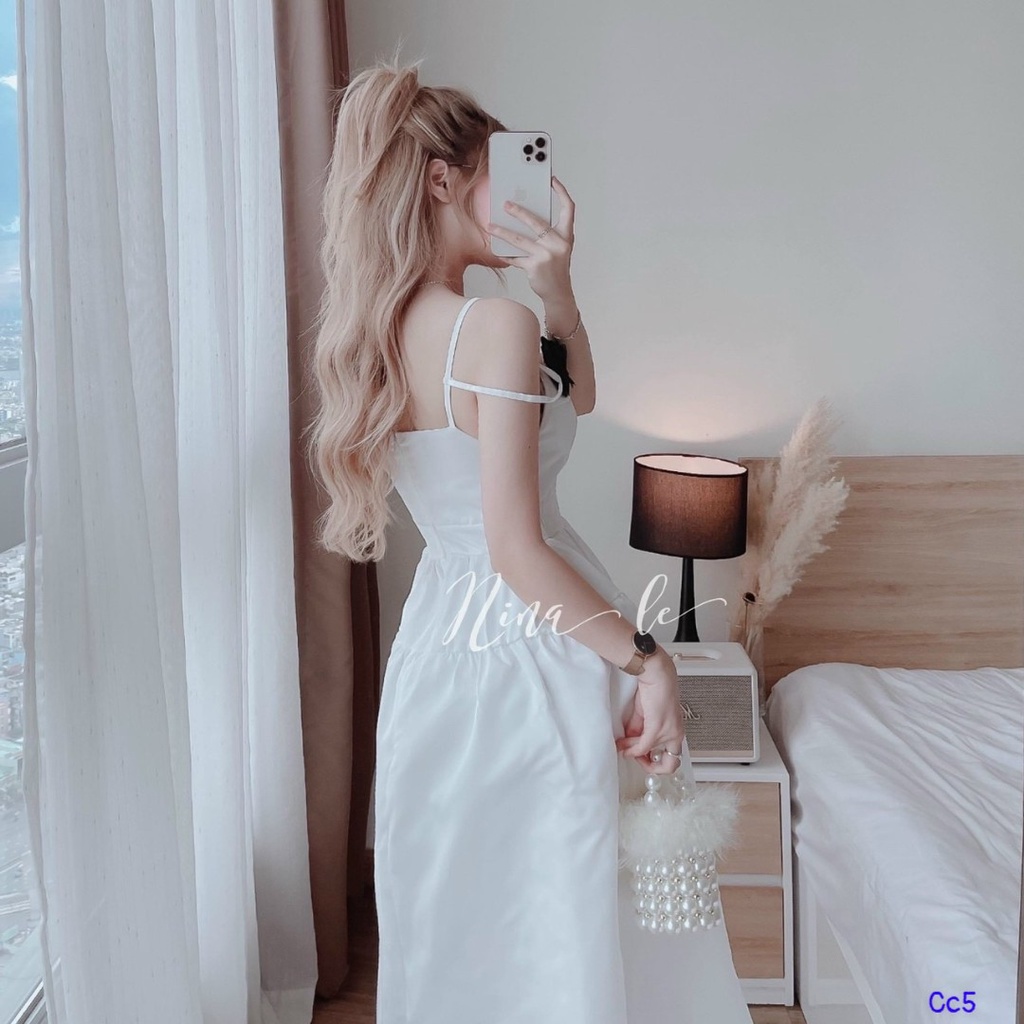 Đầm công chúa dáng dài đi dự tiệc cưới phong cách hàn quốc sexy cá tính, thiết kế 2 dây có mút kèm hoa