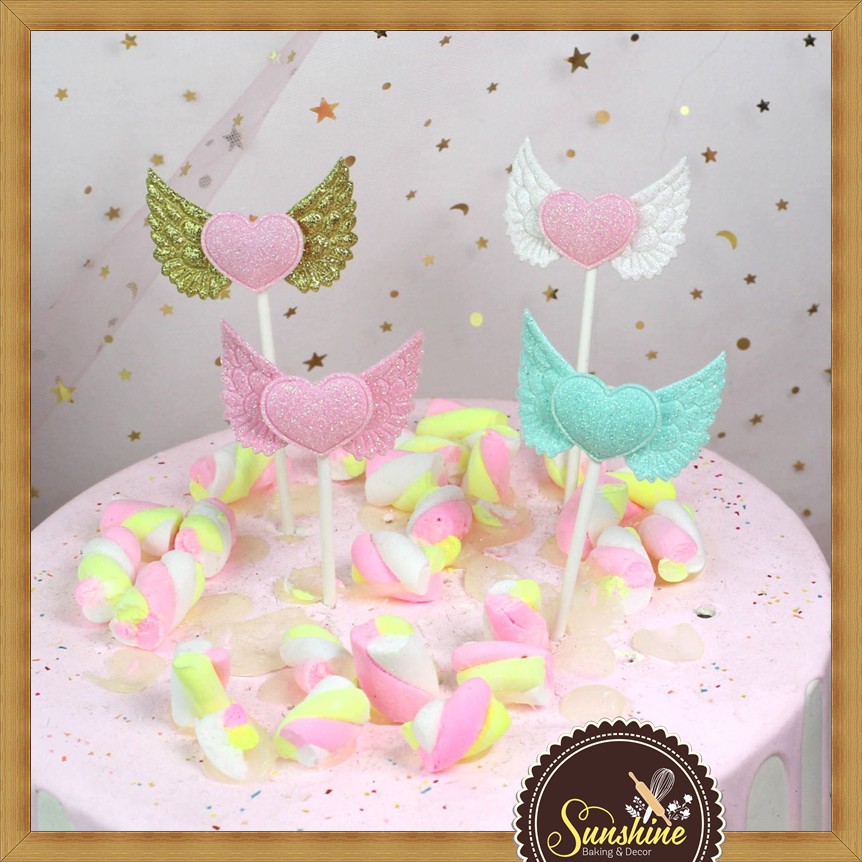 Cánh Thiên Thần Trái Tim Trang Trí Bánh Sinh Nhật Cắm Bánh Topper 5.5x10cm