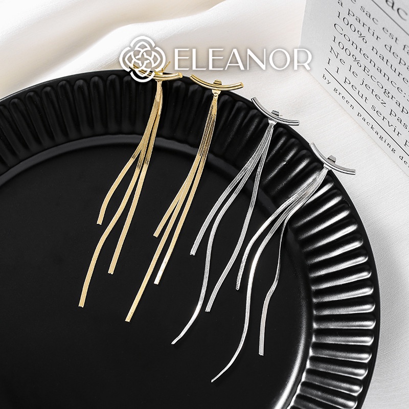 Bông tai nữ dáng dài chuôi bạc 925 Eleanor Accessories ba sợi tua rua phụ kiện trang sức viền cong