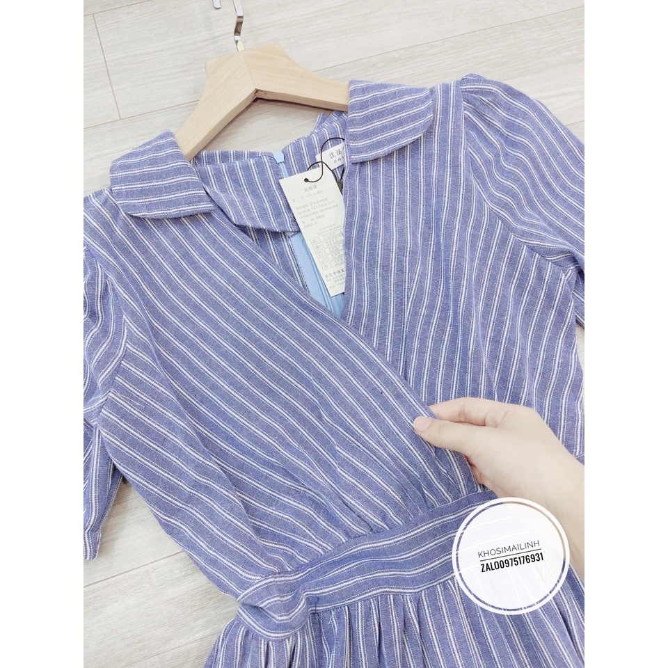 ✨BÁN SỈ✨Đầm kẻ xanh chéo đai eo dài 115cm
