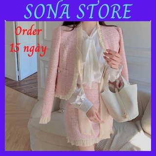 Set dạ tweed nữ tiểu thư mùa đông hồng bigsize sang chảnh hàng quảng châu cao cấp SONA STORE Order taobao SDT4