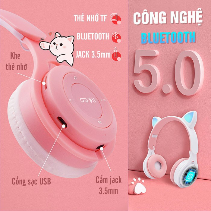 Tai Nghe Mèo Bluetooth  FREESHIP Tai Nghe Bluetooth Mèo Dễ Thương Có Đèn Led chụp tai có Mic,Âm Bass Mạnh Mẽ