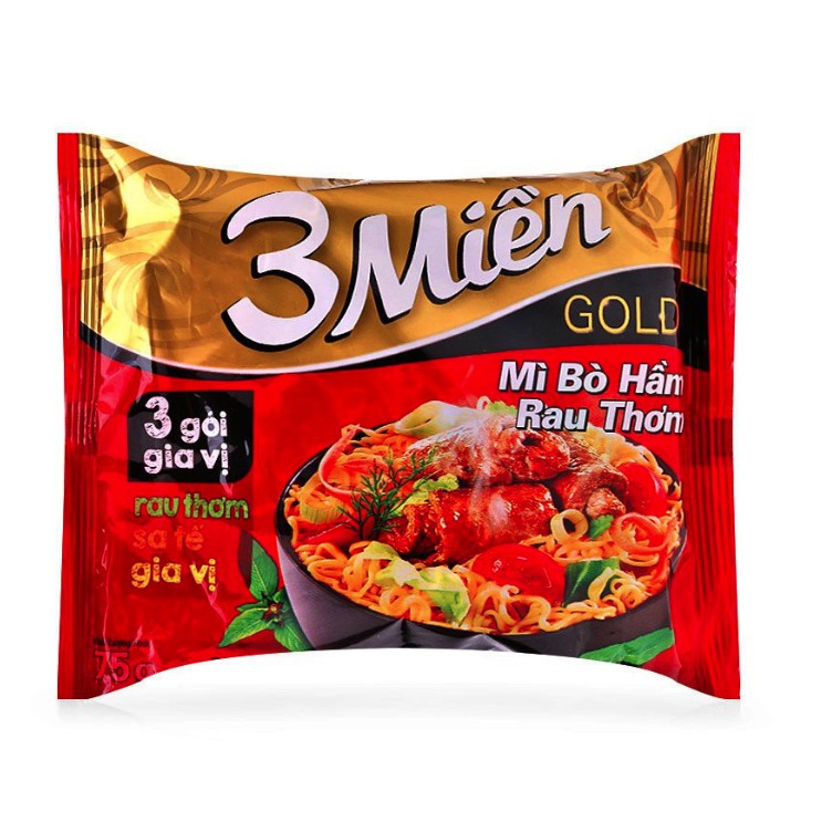 Thùng 30 Gói Mì 3 Miền Gold Bò Hầm Rau Thơm 75g