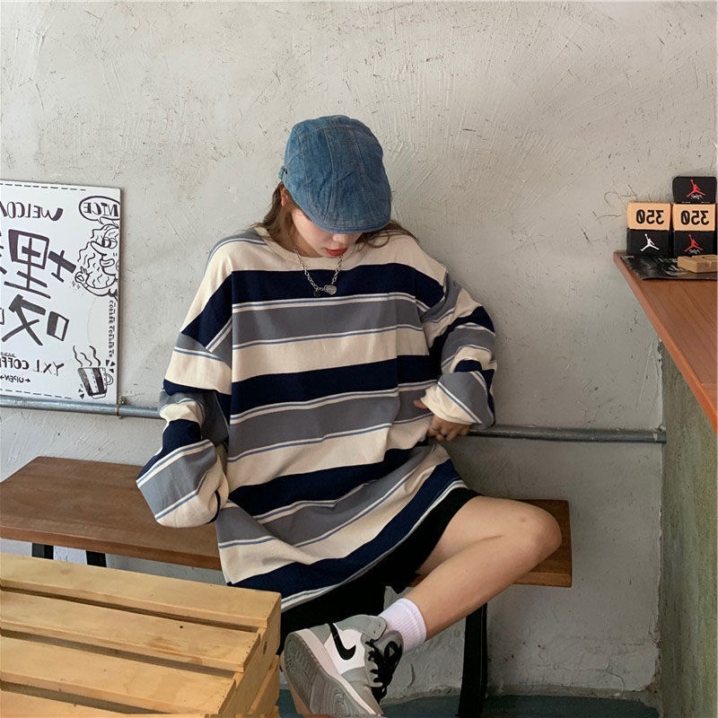 Áo Thun Tay Dài Dáng Rộng Họa Tiết Kẻ Sọc Thiết Kế Mới Thời Trang Theo Phong Cách Hàn Quốc Dành Cho Nữ