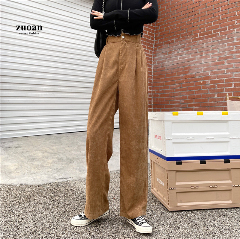 SUXI Quần Nhung Dài Ống Rộng Lưng Cao Kiểu Hàn Quốc Cá Tính