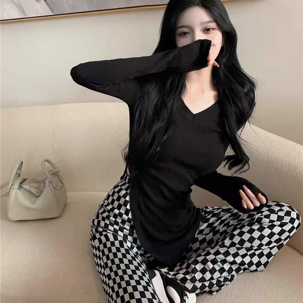 Set đồ bộ thun gân quần dài ống rộng caro Gugumi
