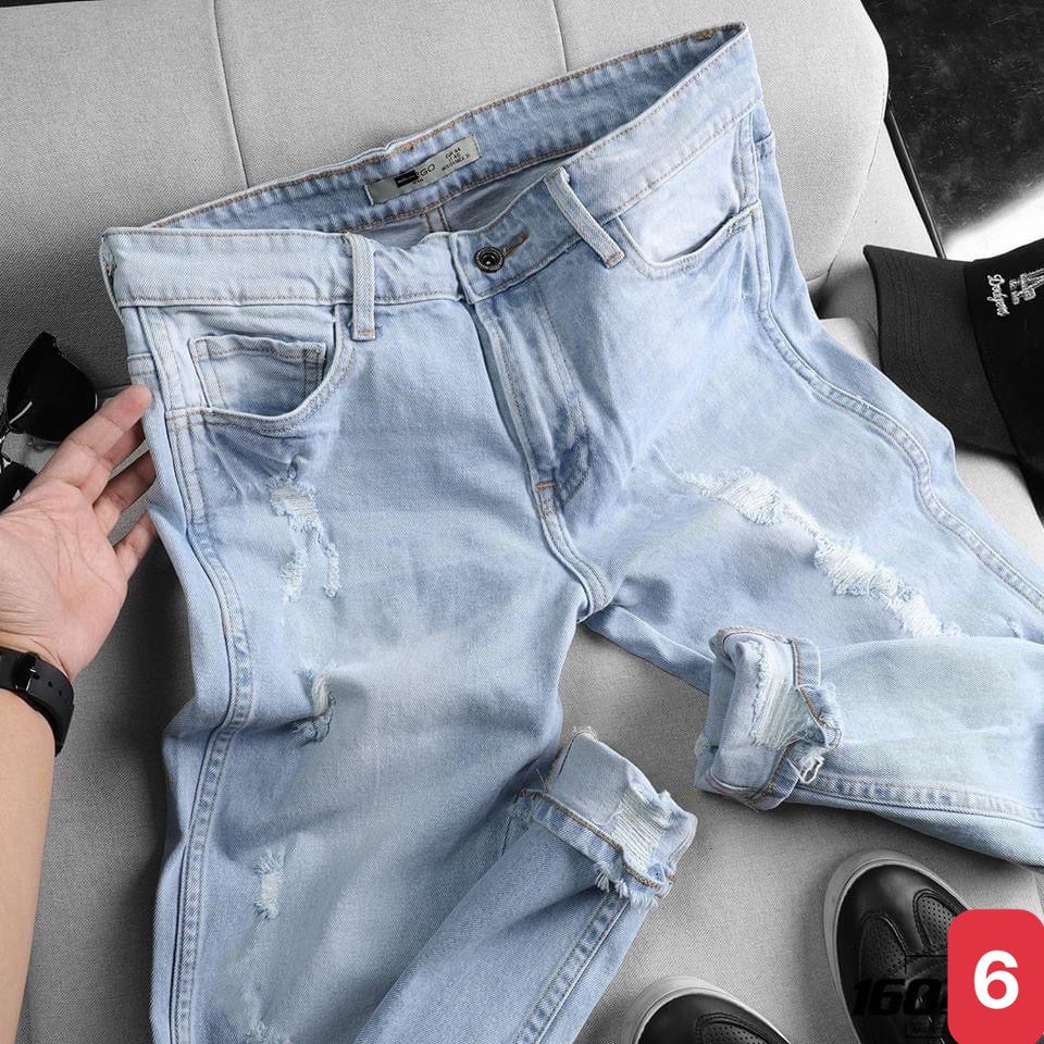 Quần jeans nam xanh nhạt rách gối chất jean bò cao cấp co dãn 4 chiều cực đẹp rin trơn from dáng skinny đẹp ADo12 mới
