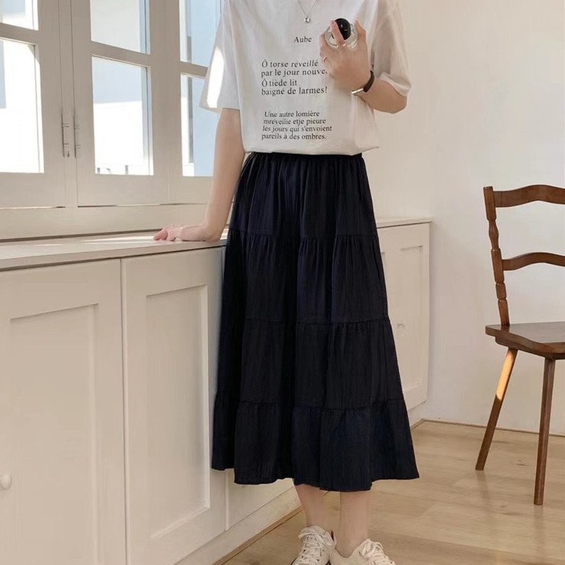 Chân Váy Nhăn Nhiêu Tầng Nữ ❤️ Chân váy dáng dài qua gối đũi trơn màu đen basic kiểu dáng tiểu thư style Ulzzang ❤️ | BigBuy360 - bigbuy360.vn