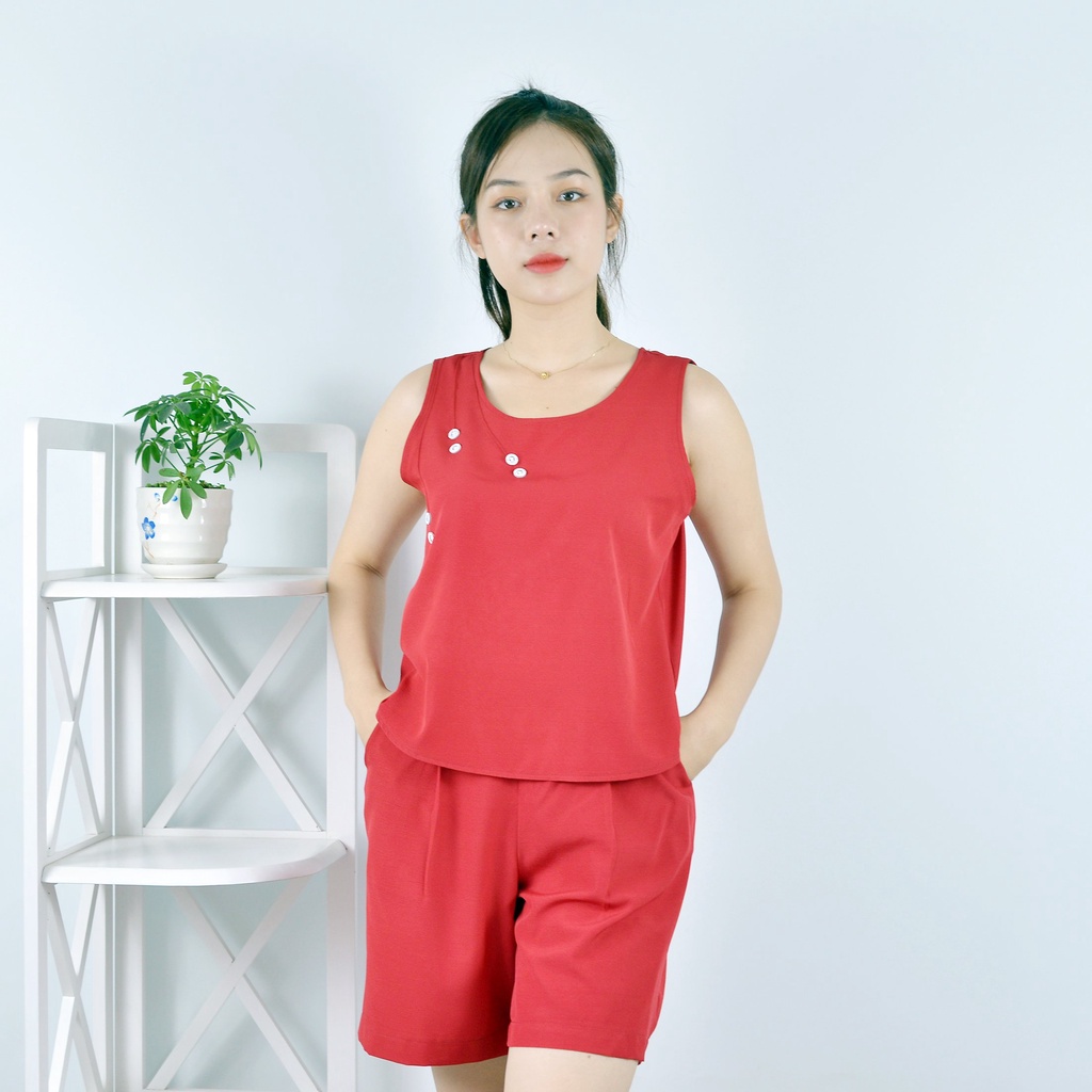 Bộ đồ nữ MÀU ĐỎ ĐIỂM NHẤN 3 LI 6 NÚT CỰC XINH  - vải lụa cao cấp - Dịu dàng - Sang trọng