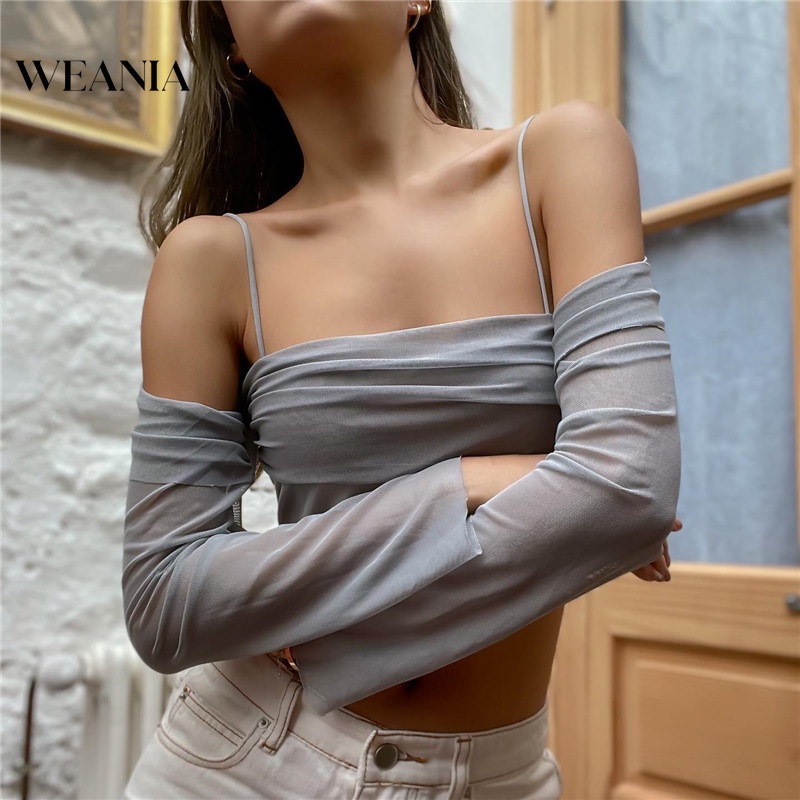 Áo Crop Top Tay Dài Trễ Vai Phối Lưới Y0429