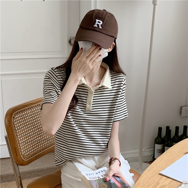 Áo polo cotton Tay Ngắn Dáng Rộng Họa Tiết Kẻ Sọc Thời Trang Mùa Hè 2022 Mới Cho Nữ