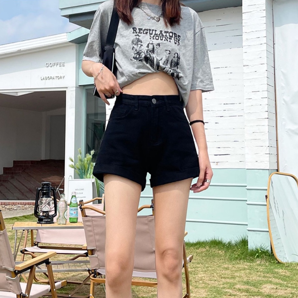 Quần short SUXI vải denim dáng chữ A lưng cao màu đen trơn cho nữ